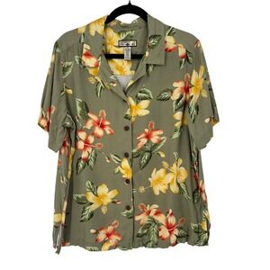 Caribbean Joe Silk Rayon Tropical Floral Button Up Women's 1X Shirt
